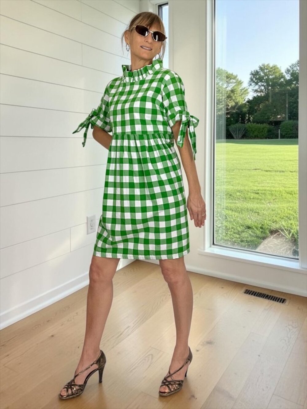 Elizabeth Wilson Judy Lanien Dress XL Kelly Green Gingham Mini Bow Cuffs